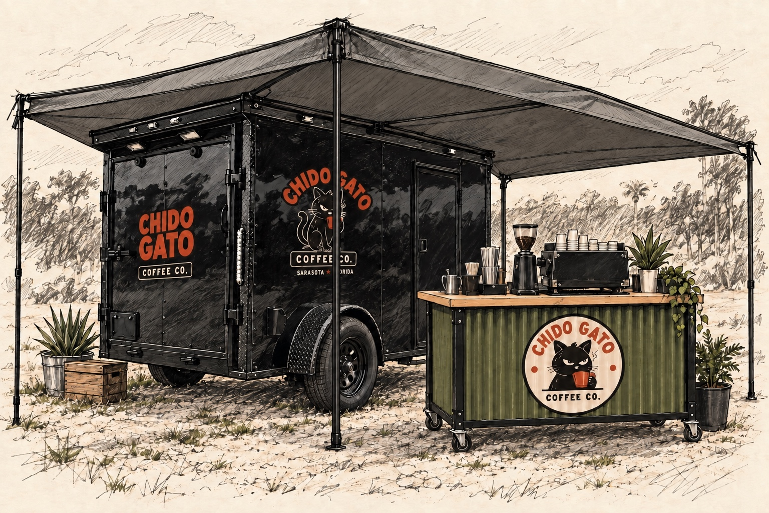 Hand-drawn concept of the Chido Gato trailer, wraparound awning, and espresso cart set up outdoors