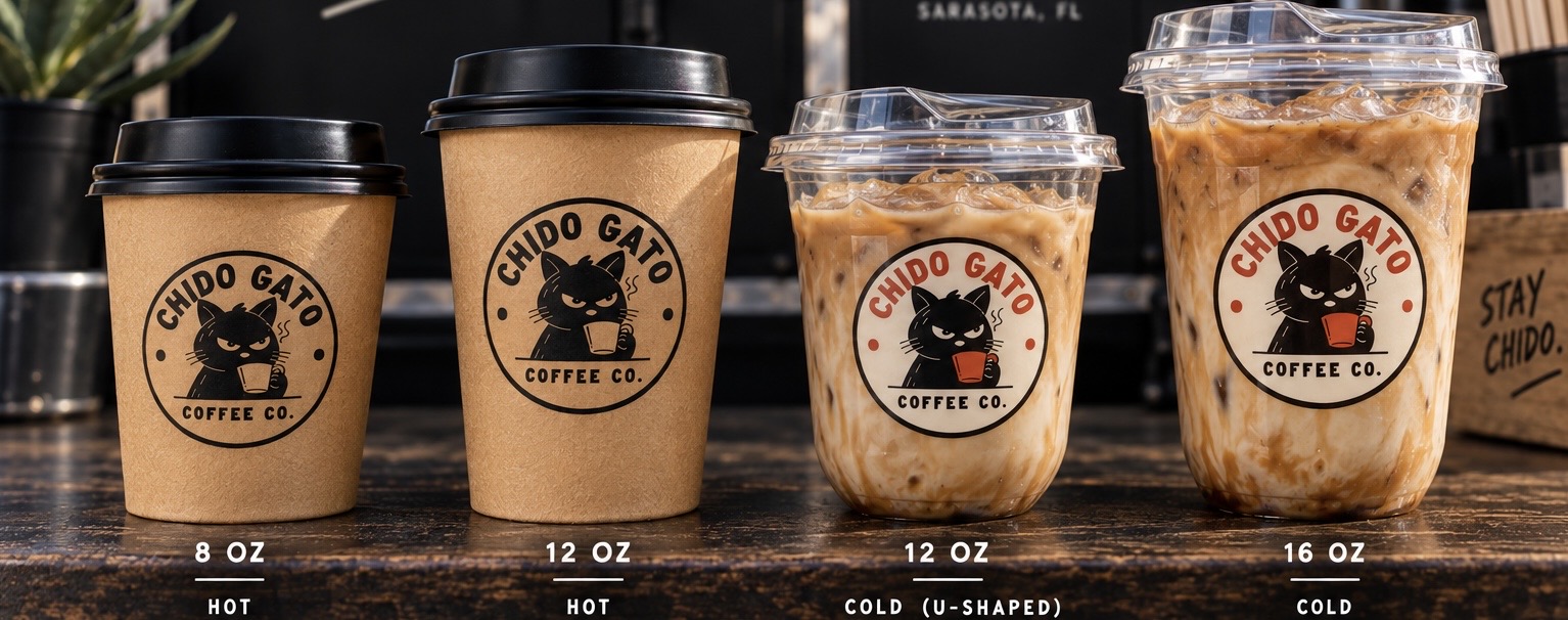 A lineup of Chido Gato hot and iced coffee cups